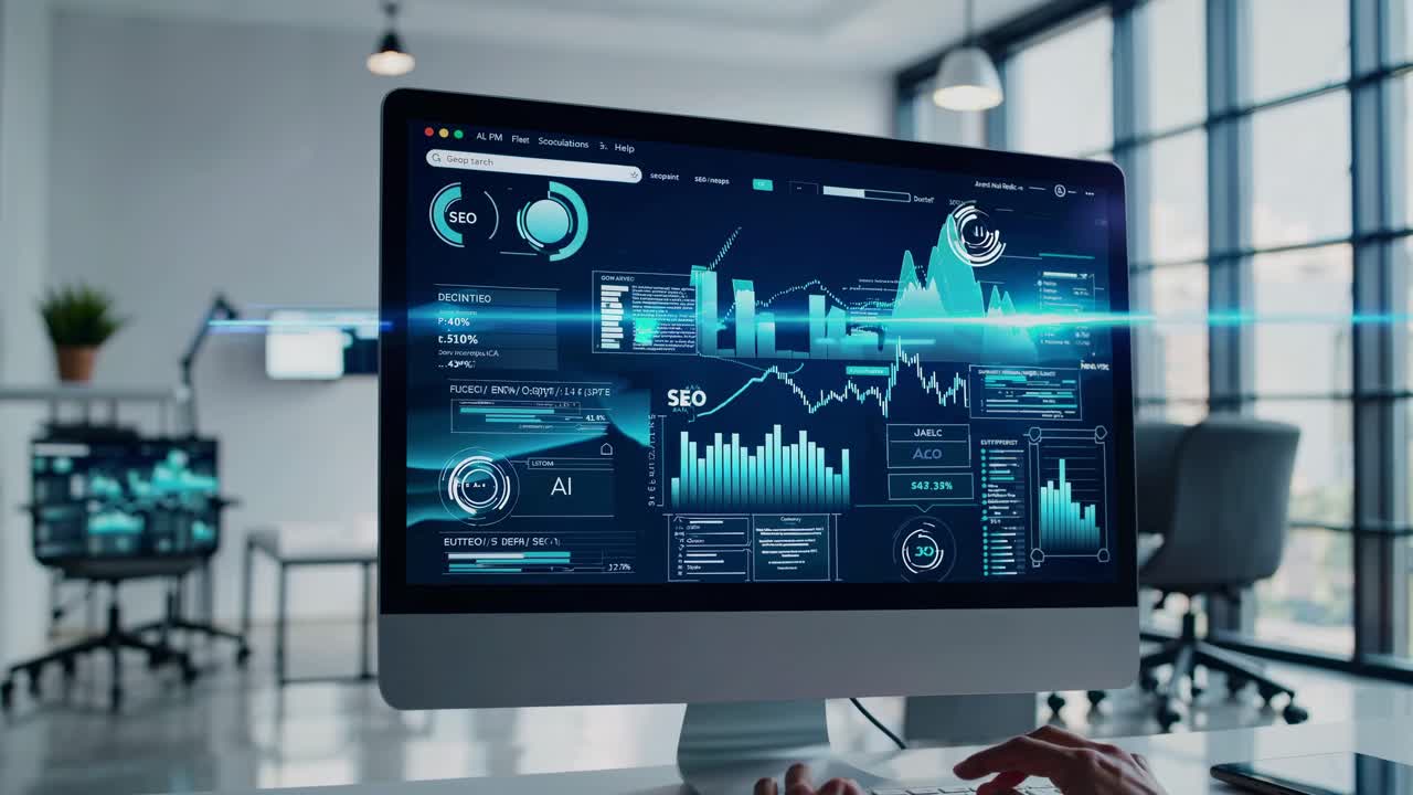 High-angle video shot of a modern office with a computer displaying futuristic data analytics