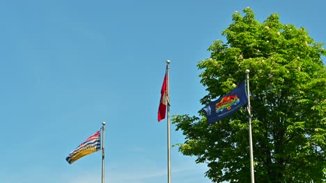 Orgullosamente-Representado:-El-Logotipo-De-Kamloops-Junto-Con-Las-Banderas-De-Columbia-Británica-Y-Canadá,-Ondeando-En-El-Cielo-Azul