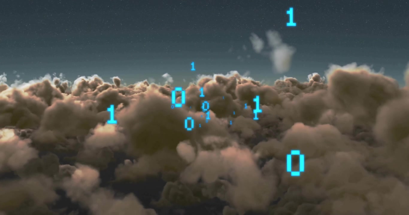 Binary digits cluster appearing above warm cloud deck, camera gliding forward showing data flow