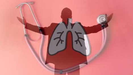 animation of caucasian businessman over lungs and stethoscope