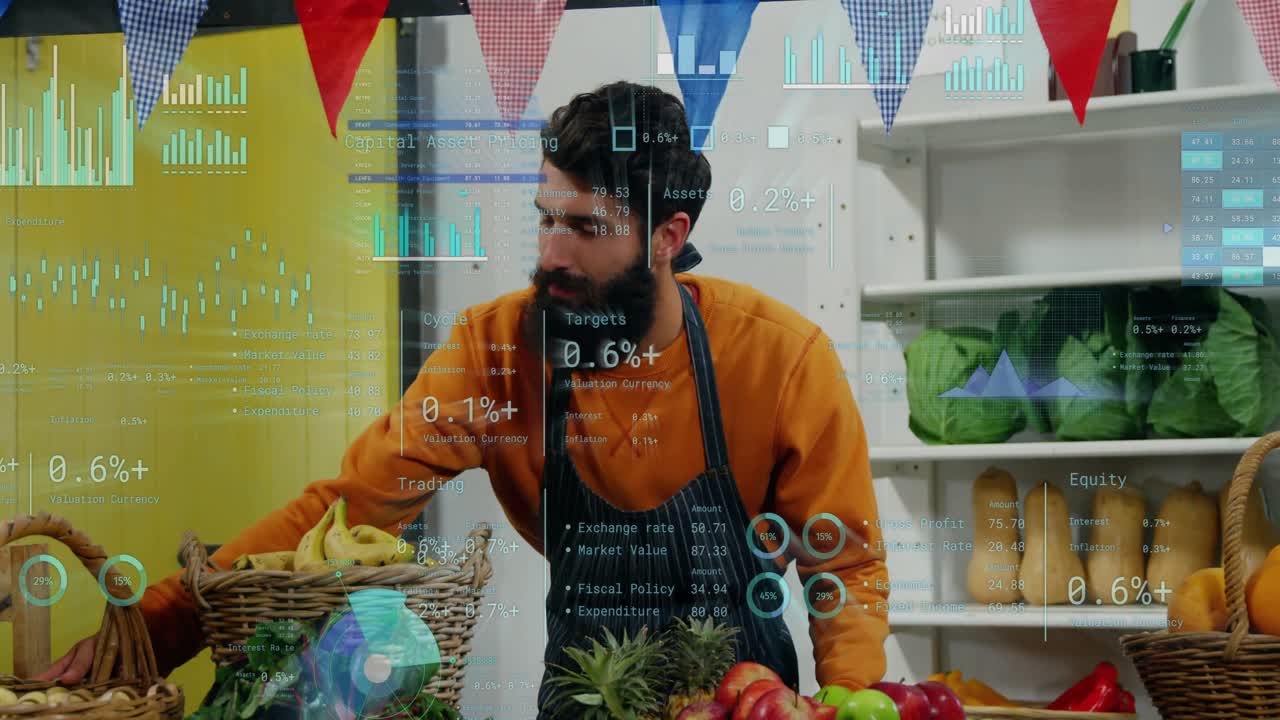 Vendor reaching left tidying baskets eggs in market preparing stall as AR charts tracking gestures
