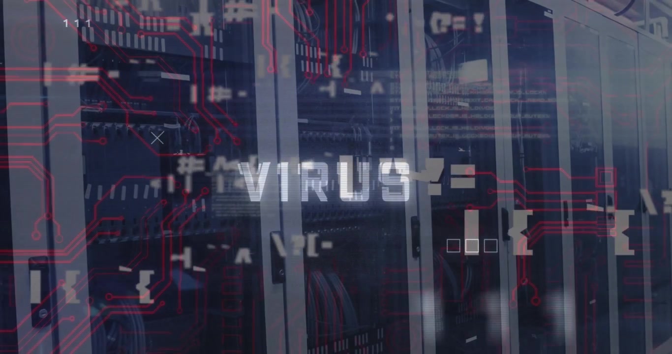 Animazione del testo "virus" sovrapposta a elaborazione dati, scheda madre di computer e server