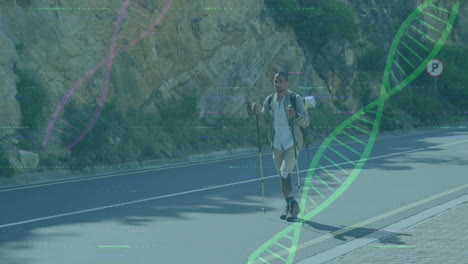 hiking man on roadside with dna strand and data processing animation over