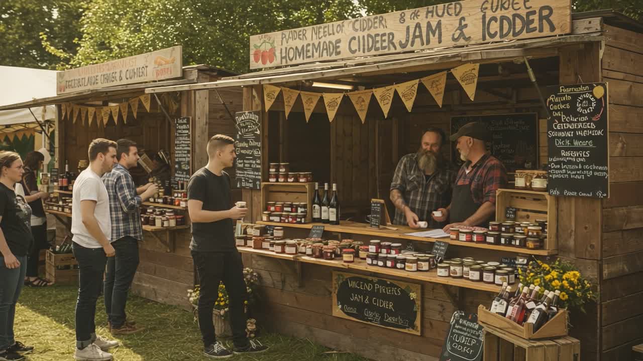 People shopping at an outdoor market stall selling homemade jams and cider