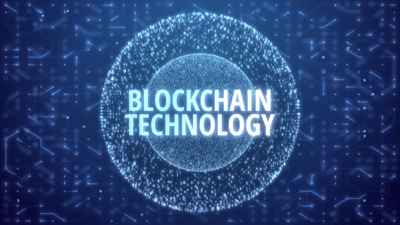 Blockchain Technology Concept over Matrix sphere on circuitry background. random numbers in form of sphere over circuit blue background