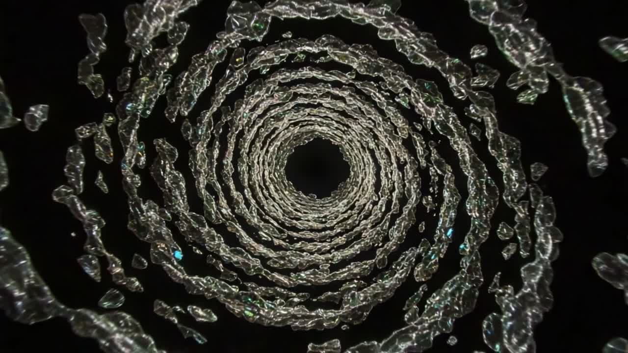Mesmerizing Swirling Water Droplets in a Hypnotic Tunnel Creating Stunning Patterns Against a Dark Background, Captivating Visual Flow of Nature's Beauty