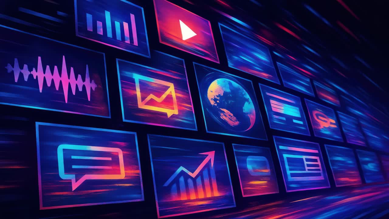 Interfaccia digitale dinamica a tema video con icone neon vivaci, acquisita da un angolo diagonale
