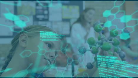 Chemical structures against caucasian girl touching molecular structure model at laboratory