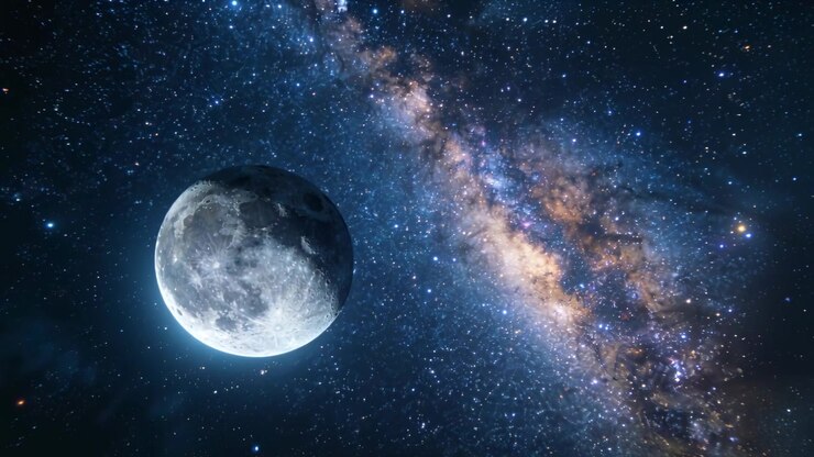 Câmera panorâmica movendo Lua craterada através do espaço profundo para uma visão mais próxima da Via Láctea, com espaço para texto