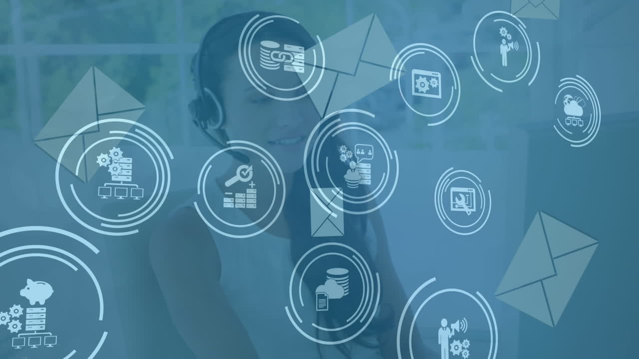 animación de la red de conexiones con iconos sobre mujer de negocios usando auriculares de teléfono