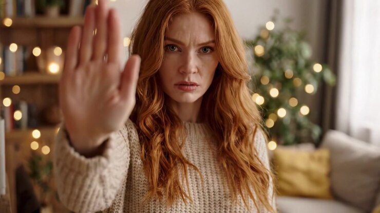 A Young Woman in a Cozy Living Room Displays Emotions of Concern and Resolution as She Faces an Unseen Situation, Capturing a Moment of Introspection and Assertion