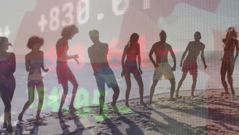 procesamiento de datos del mercado de valores contra un grupo de amigos diversos bailando y disfrutando en la playa