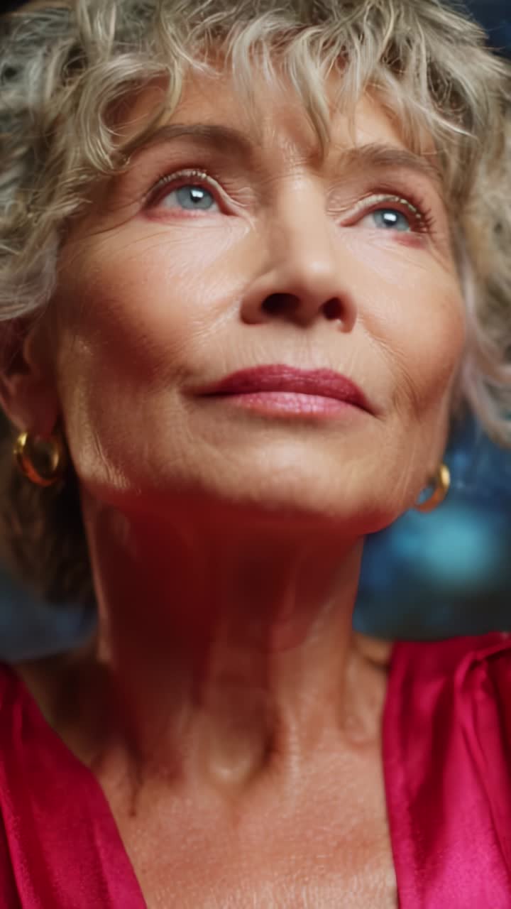 A close-up portrait of an elegant woman with curly hair and expressive eyes, radiating confidence and charm, captured in a moment of introspection and grace