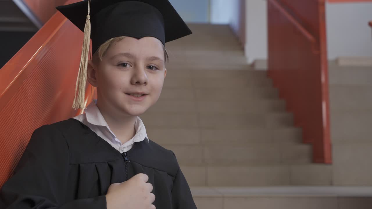 Portrait of a happy Caucasian preschool male student in cap and gown holding graduation diploma and looking at the camera