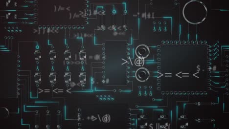 Animation-Der-Datenverarbeitung-über-Computerplatine-Auf-Schwarzem-Hintergrund