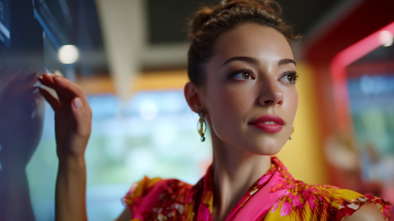 Ritratto accattivante di una donna in vivace abbigliamento floreale che mette in mostra grazia ed eleganza mentre interagisce con l'ambiente circostante