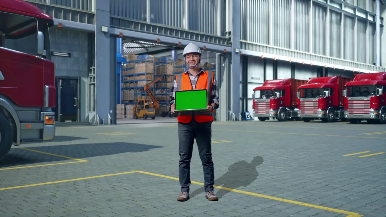 Full Body Of Asian Male Engineer With Safety Helmet Smiling And Showing Green Screen Laptop To The Camera While Standing , Outside of Logistics Distributions Warehouse