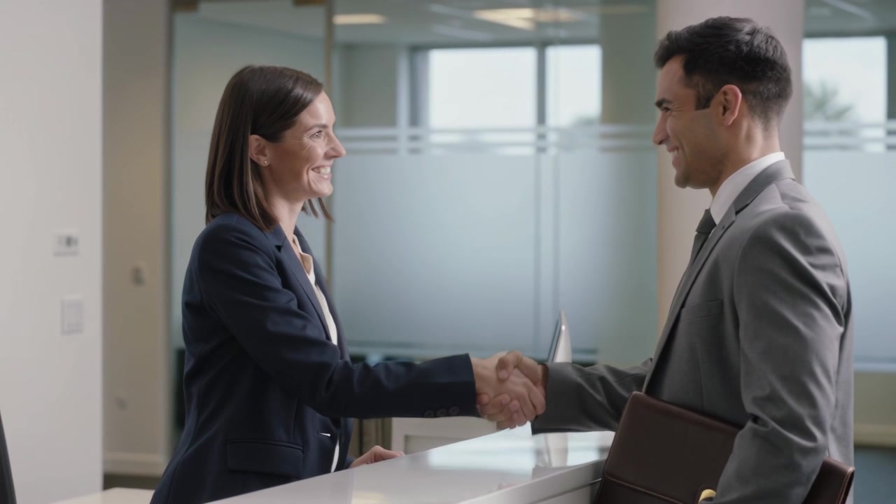 Gående besøgende med dokumentmappe hilser og giver hånd til en receptionist i marineblå blazer ved receptionens laptop.