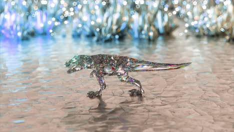un t-rex de cristal brillante en un paisaje futurista