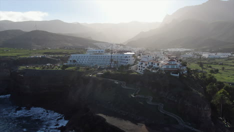 Fantastic-aerial-shot-of-the-coast-of-Agaete-and-where-a-famous-hotel-in-the-municipality-is-located