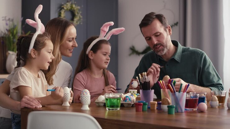 Static video of caucasian family of four people decorating easter eggs at home.