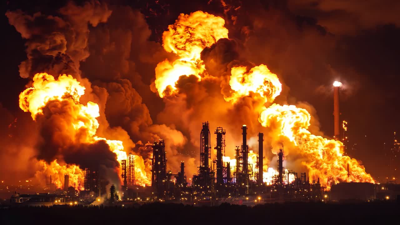 많은 연기가 나오는 큰 석유 정유소