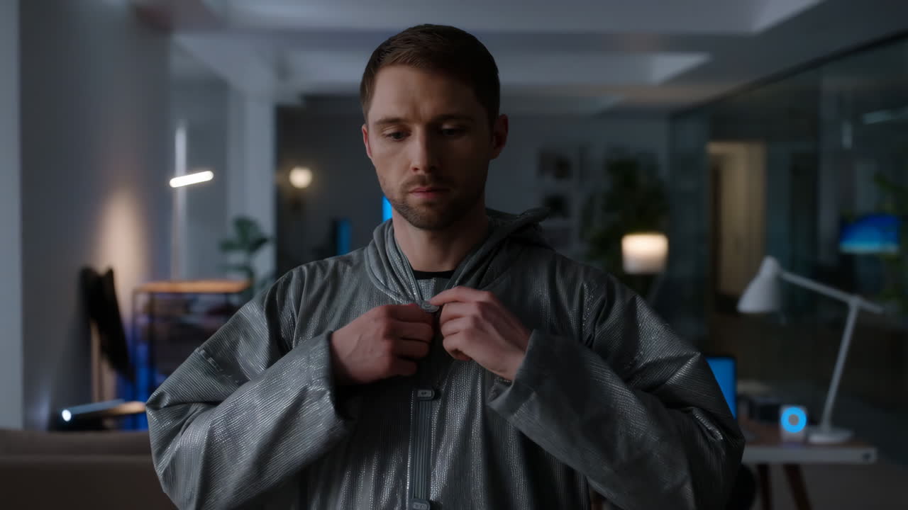 Man putting on a metallic silver jacket indoors