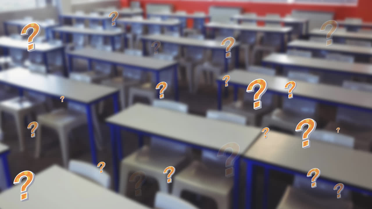 Animation of orange question marks over chairs and desks in empty school classroom