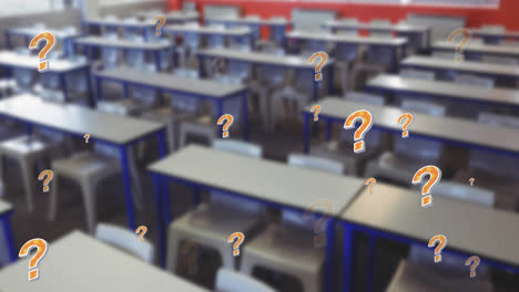 animation of orange question marks over chairs and desks in empty school classroom