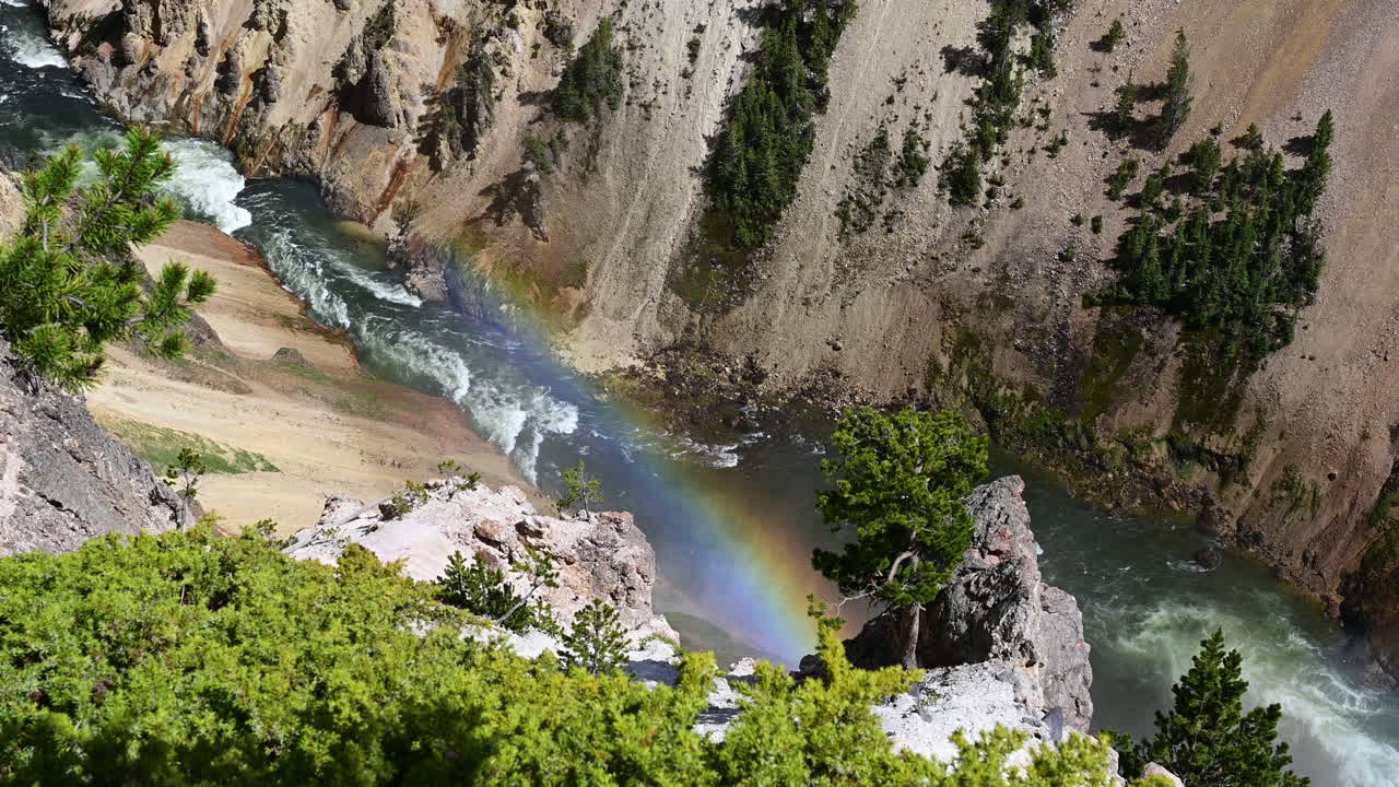 Rainbow Above River in Grand Canyon of Yellowstone National Park, Wyoming USA on Sunny Summer Day, High Angle View