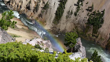 Rainbow-Above-River-in-Grand-Canyon-of-Yellowstone-National-Park,-Wyoming-USA-on-Sunny-Summer-Day,-High-Angle-View