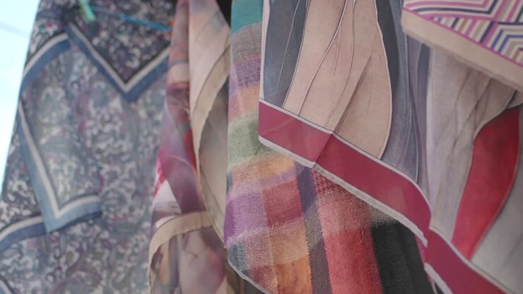 Colorful Printed Scarves Hanging to Dry