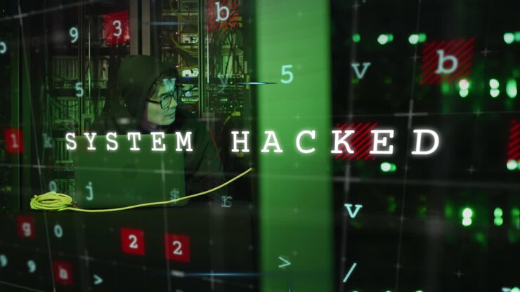 Animatie van een gehackt systeem boven een Aziatische man die werkt met servers.