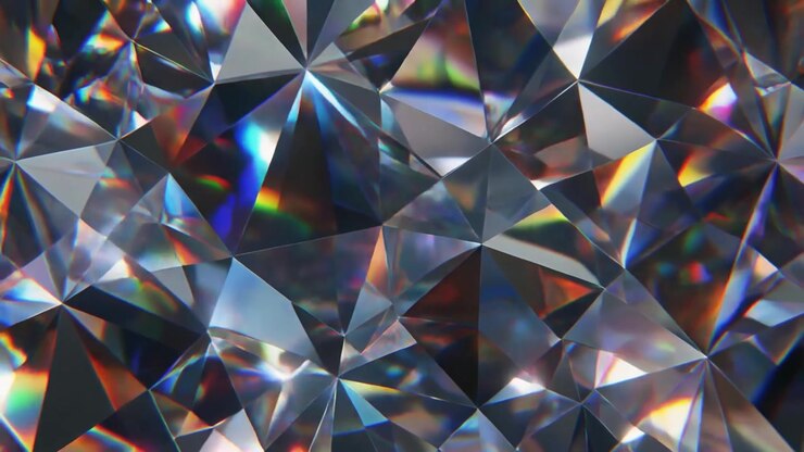Primo piano di sfaccettature di diamante rotanti con rifrazione della luce