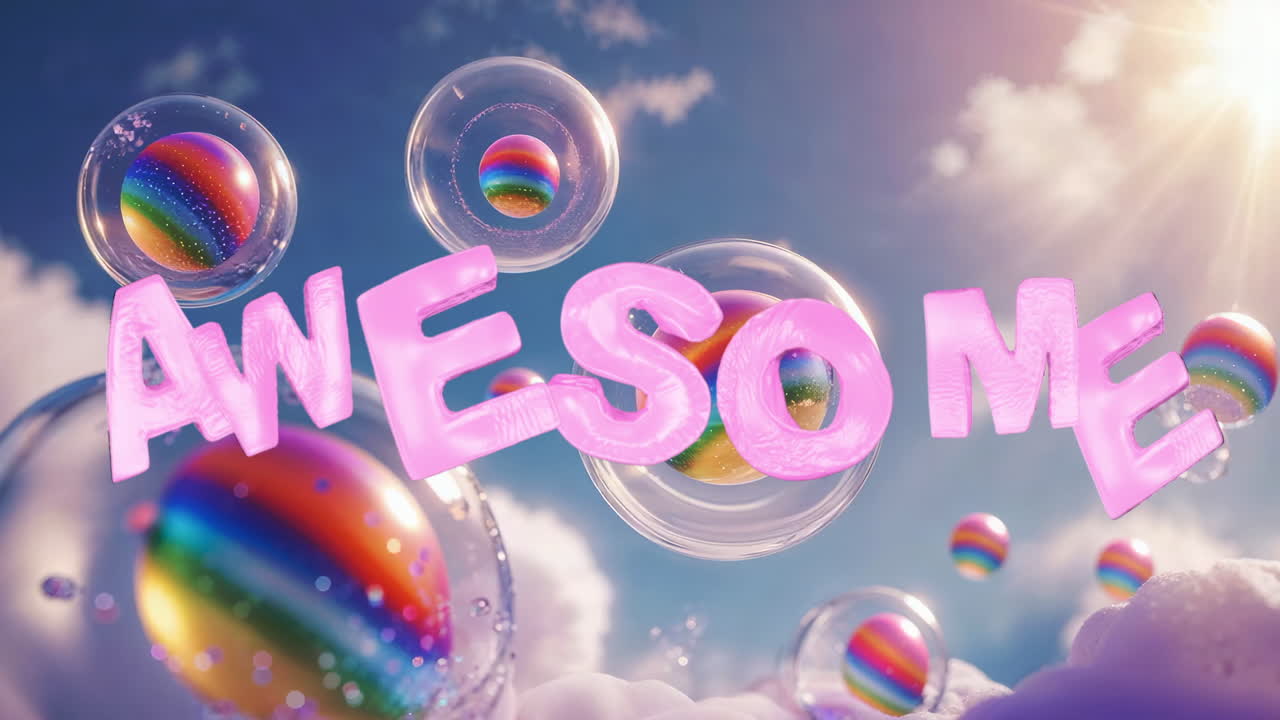 Awesome Pink Inflatable Text in Sky with Bubbles and Clouds