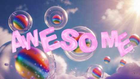 awesome pink inflatable text in sky with bubbles and clouds