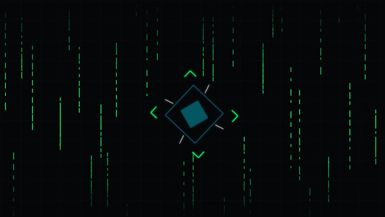 Abstract Digital Interface with Rotating Geometric Shapes and Data Streams