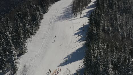 skiers go down a track in kope slovenia at the pohorje mountains, aerial pan right shot