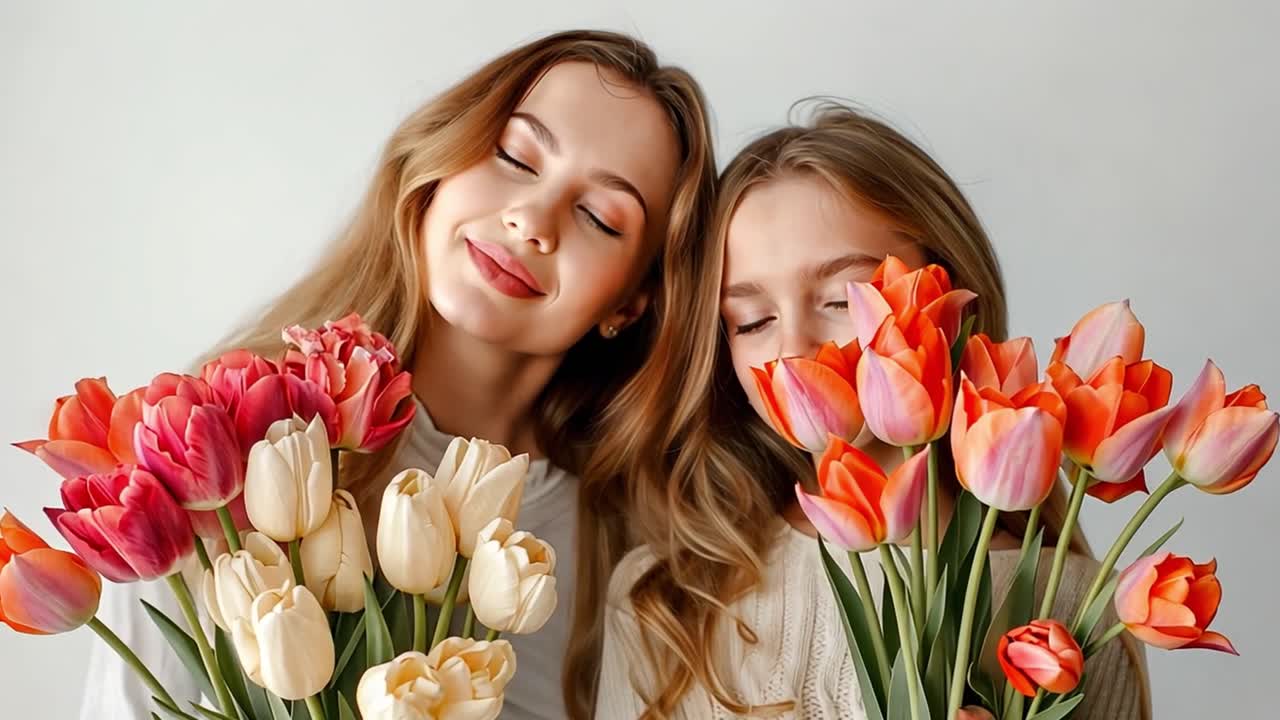 Мама и дочка нюхают тюльпаны