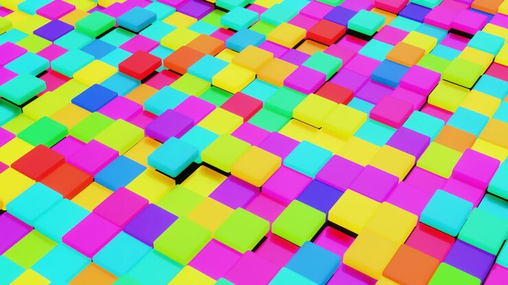 Sfondo geometrico semplice astratto 3D con cubi multicolori in 4k. Animazione fluida in loop. Cubi che si spostano formano un piano. Sfondo creativo di motion design semplice con oggetti 3D. VJ loop.