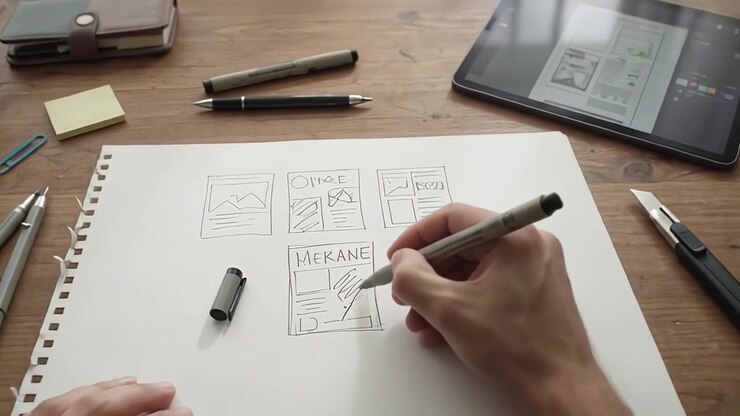 Designer Sketching Website Wireframe Layout in Sketchbook