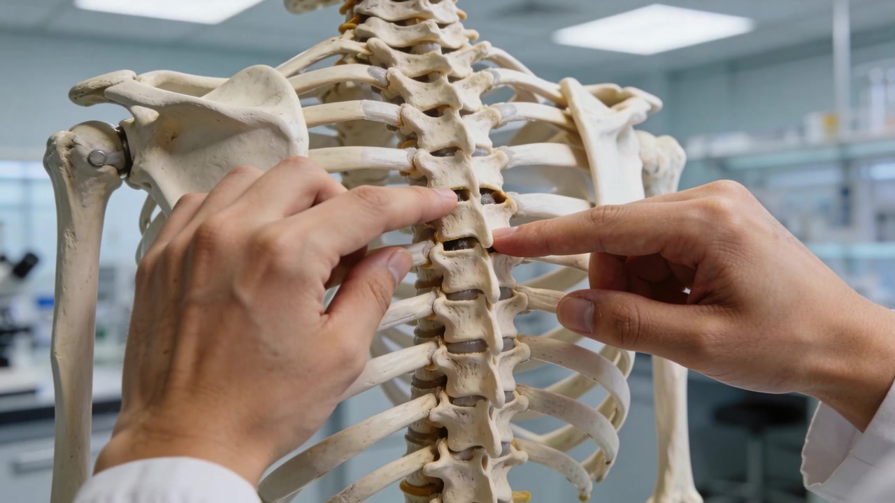Mani che, con le maniche di un camice da laboratorio, tracciano la colonna vertebrale toracica su un torso di scheletro in un laboratorio di anatomia.