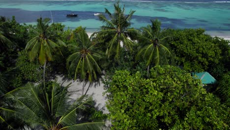 Drone-gimbal-up-revealing-two-moored-boats-in-turquoise-waters-of-an-island-in-the-Maldives