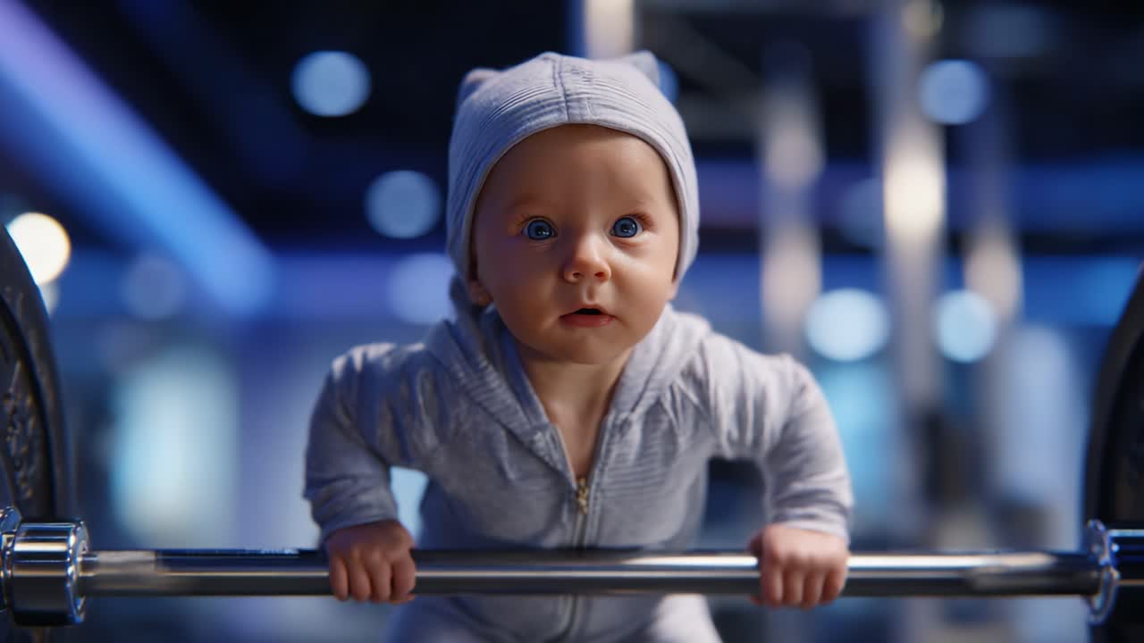 Mavi gözlü, azimli bir bebek, gücü ve kararlılığı sergileyerek bir ağırlık barını kaldırıyor. Canlı aydınlatmaya sahip, aydınlık ve modern bir spor salonu ortamında çekilmiştir