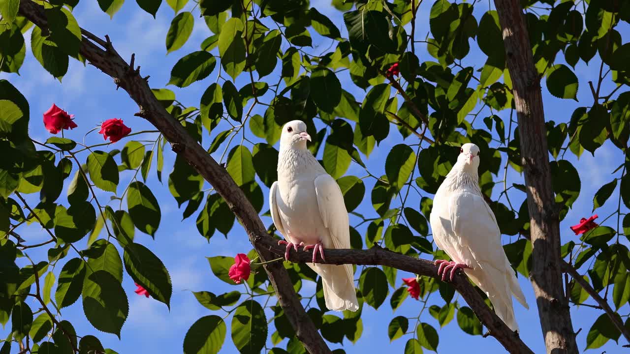 palomas blancas en un arbusto de rosas