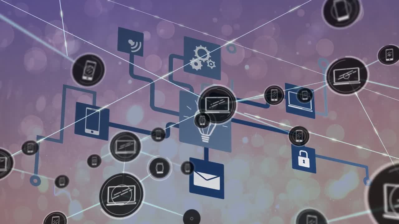 animación de la red de conexiones con iconos sobre puntos de luz en fondo púrpura