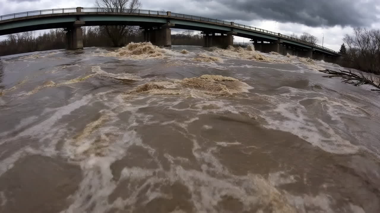 Flooded River Under Bridge in Stormy Weather