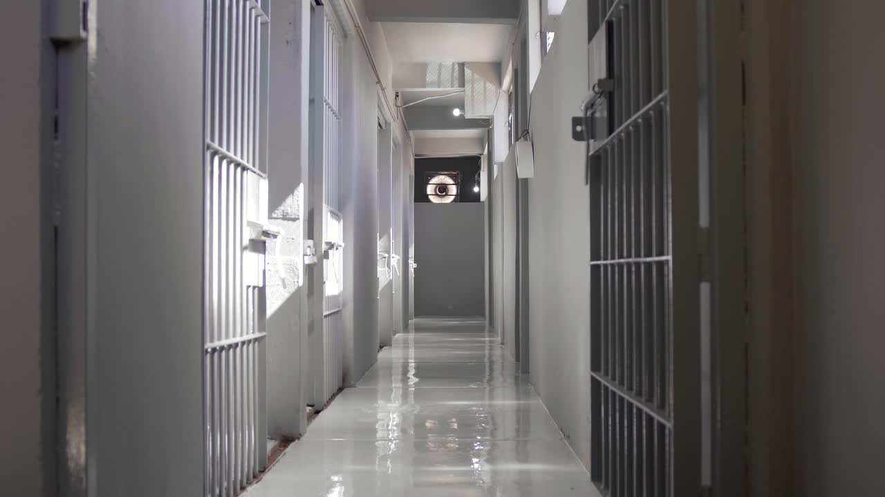 낮에는 빈 감옥 감옥 세포로 가득 찬 회색 복도