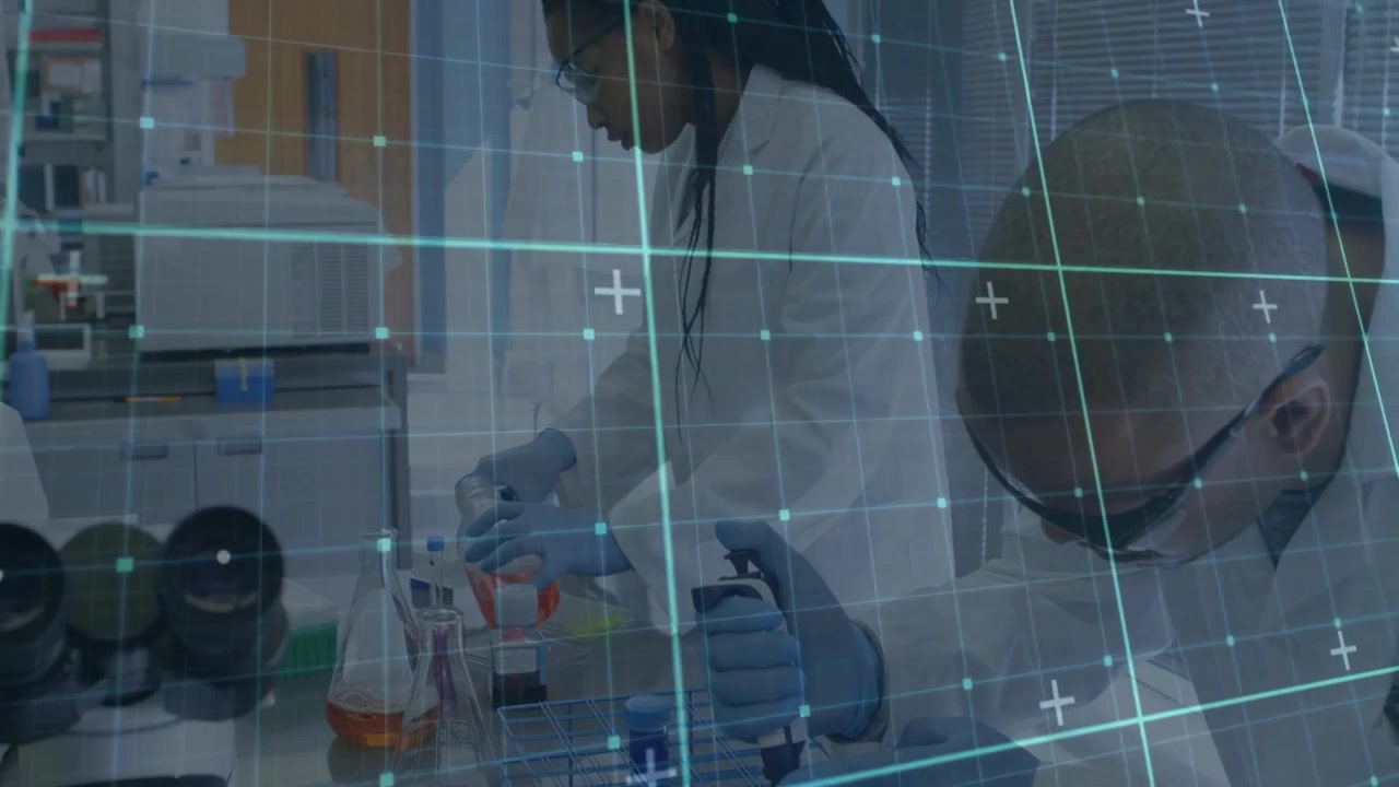 Upon selecting pipette tips two scientists executing pipetting under lab grid overlay for precision