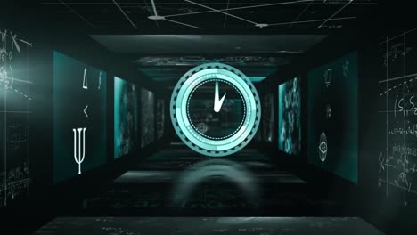 animation of clock moving fast over computer servers